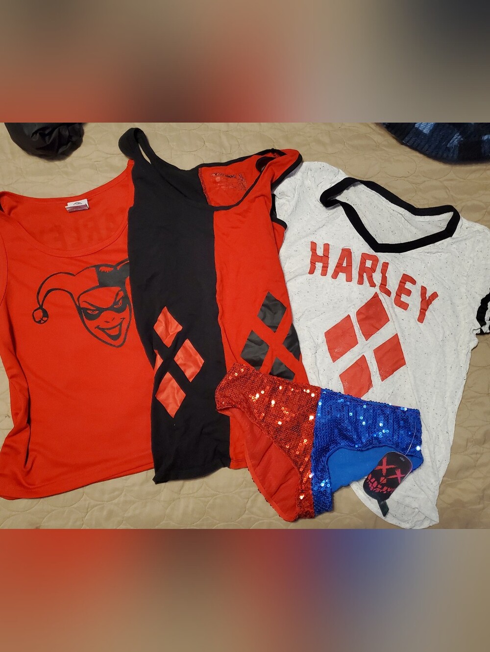 Harley Quinn Costume Clothing Lot Tank Top Ringer Tee Sequined Shorts Cosplay Se